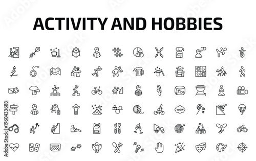 activity and hobbies outline icon set. 72 linear vector for ui, web and mobile. thin line pachinko, flying a kite, cleaning and more icons.