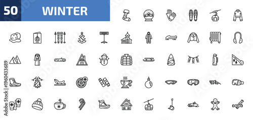 winter outline icon set. 50 linear vector for ui, web and mobile. thin line christmas sock, snow globe, winter clothes and more icons.
