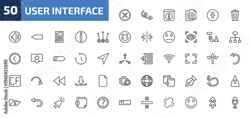 user interface outline icon set. 50 linear vector for ui, web and mobile. thin line close, sketch loop arrow, information button and more icons.
