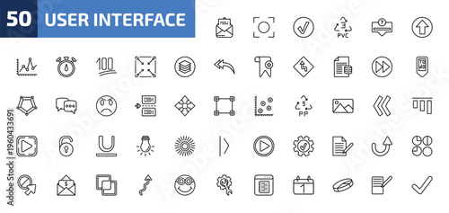 user interface outline icon set. 50 linear vector for ui, web and mobile. thin line open envelope, auto focus, round done button and more icons.