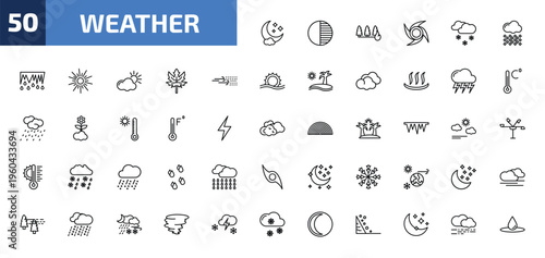 weather outline icon set. 50 linear vector for ui, web and mobile. thin line night, first quarter, wildfire and more icons.