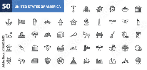 united states of america outline icon set. 50 linear vector for ui, web and mobile. thin line father's day, capitol, walk of fame and more icons.