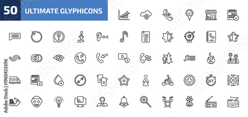 ultimate glyphicons outline icon set. 50 linear vector for ui, web and mobile. thin line upload arrow with bar, internet security, phone with right arrow and more icons.
