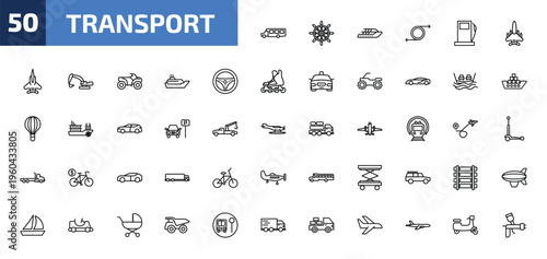 transport outline icon set. 50 linear vector for ui, web and mobile. thin line airport shuttle, ship helm, yacht and more icons.