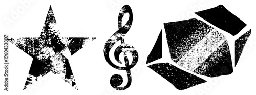 Distressed graphic symbols star, musical note, fractured diamond. vector with textured grit, ideal for retro or edgy design projects.