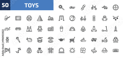 toys outline icon set. 50 linear vector for ui, web and mobile. thin line rattle toy, truck toy, skate toy and more icons.