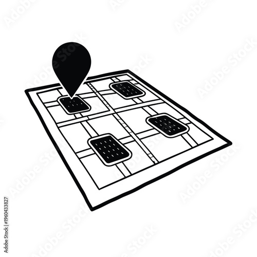 A black and white graphic illustration depicting a map grid with a single location pin marker icon