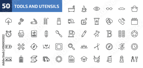 tools and utensils outline icon set. 50 linear vector for ui, web and mobile. thin line bath tub, cup of hot coffee, optical and more icons.