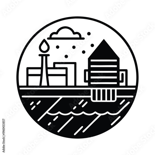 A minimalist circular icon depicting industrial buildings with a smoking chimney and water below