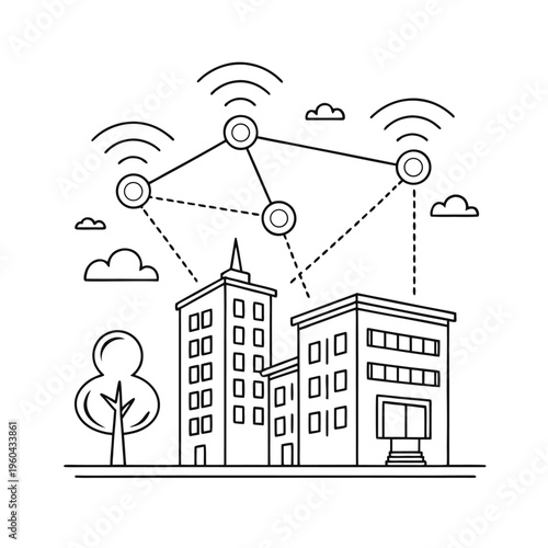 A black and white line art illustration showing a smart city network with wireless connectivity