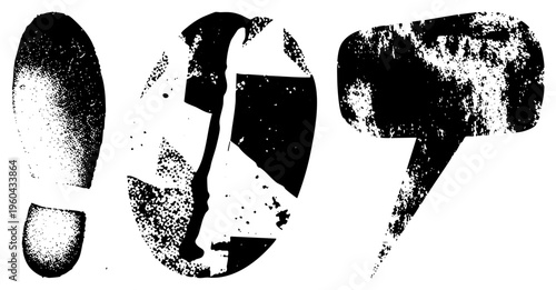 Stylized digits one zero seven in distressed halftone print, gritty typography, urban design, vector graphic, isolated numerals.