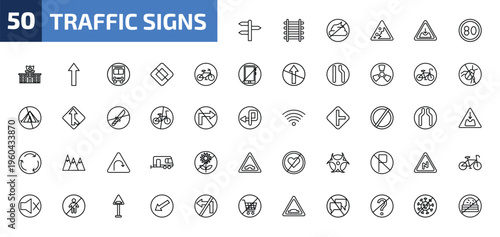 traffic signs outline icon set. 50 linear vector for ui, web and mobile. thin line crossroad, railway, no pooping and more icons.
