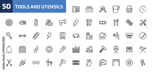 tools and utensils outline icon set. 50 linear vector for ui, web and mobile. thin line modern telephone, tray for papers, key ring with two keys and more icons.