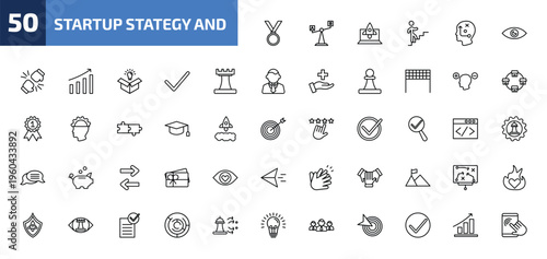 startup stategy and outline icon set. 50 linear vector for ui, web and mobile. thin line gold medal, comparison, startup laptop and more icons.