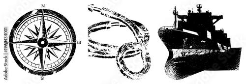 Vintage maritime navigation tools rendered in halftone style compass rose, thick coiled rope, and cargo ship silhouette, ideal for nautical themes or vintage design projects.