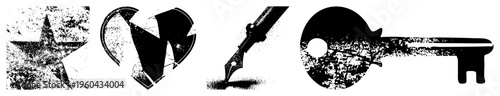 Grunge style vector star, shattered heart, fountain pen, skeleton key all isolated, textured,. Ideal for retro design, tattoos, or symbolic art.