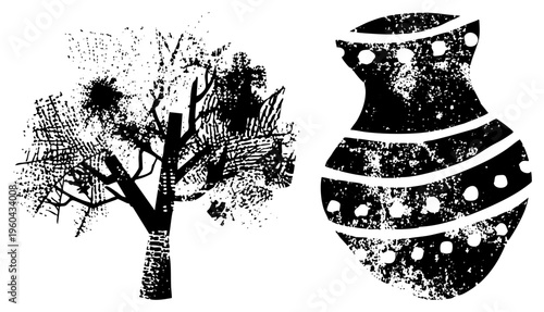 Black and white vector illustration of tree with textured foliage and vase, halftone grit effect, graphic art, isolated symbols, rustic.
