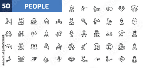 people outline icon set. 50 linear vector for ui, web and mobile. thin line graduating boy, fencing attack, radiologist working and more icons.