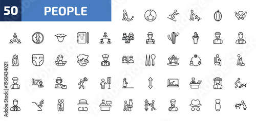 people outline icon set. 50 linear vector for ui, web and mobile. thin line sweeper working, unknown, ski stick man and more icons.
