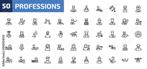 professions outline icon set. 50 linear vector for ui, web and mobile. thin line photographer, it manager, statistician and more icons.