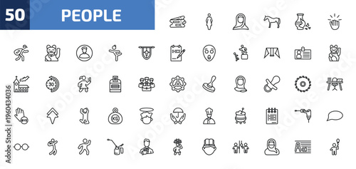 people outline icon set. 50 linear vector for ui, web and mobile. thin line validating ticket, women's bathroom, araba woman and more icons.