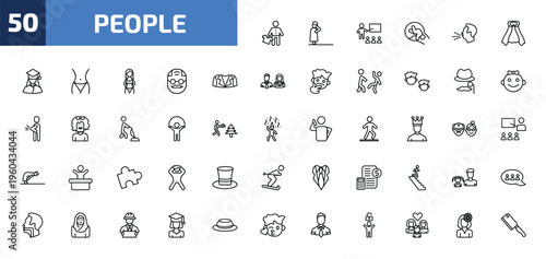 people outline icon set. 50 linear vector for ui, web and mobile. thin line salesman working, takbir, teacher and students and more icons.
