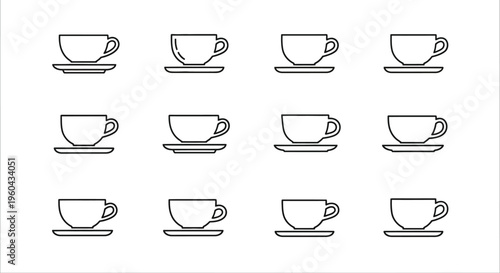 Simple line art illustration of twelve teacups on saucers arranged in a grid