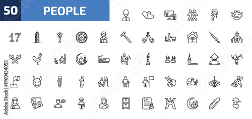 people outline icon set. 50 linear vector for ui, web and mobile. thin line queens guard, two hearts, hair cut business card and more icons.