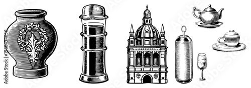 Ornate vase with motif, stacked salt shaker, domed, buoy with ring, teapot and cup on saucers, rendered in precise black and white art.