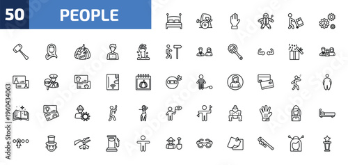 people outline icon set. 50 linear vector for ui, web and mobile. thin line hotel bed, wood cutter, slap and more icons.