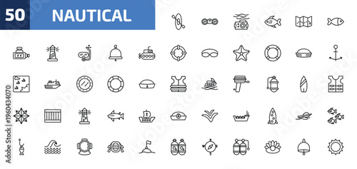 nautical outline icon set. 50 linear vector for ui, web and mobile. thin line one kayak, binocular, water resist camera and more icons.