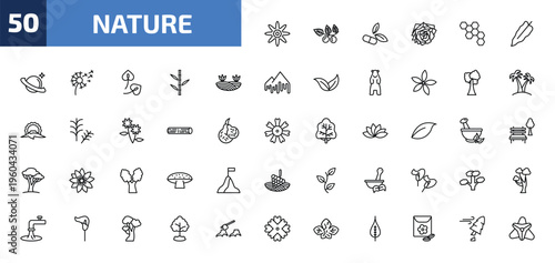 nature outline icon set. 50 linear vector for ui, web and mobile. thin line petals, briar leaf, natural medical pills and more icons.