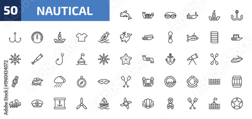 nautical outline icon set. 50 linear vector for ui, web and mobile. thin line dolphin, oil tanker ship, swin goggle and more icons.