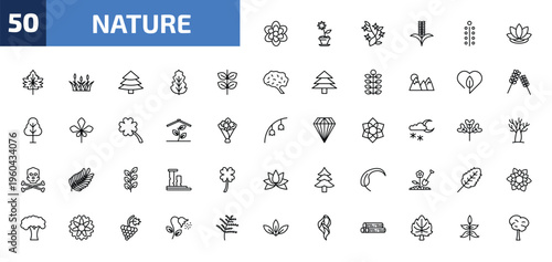 nature outline icon set. 50 linear vector for ui, web and mobile. thin line anemone, daisy on pot, ikebana flowers and more icons.