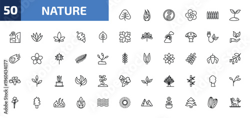 nature outline icon set. 50 linear vector for ui, web and mobile. thin line cordate, fire flame, fengshui and more icons.