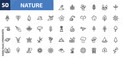 nature outline icon set. 50 linear vector for ui, web and mobile. thin line hills, rowan leaf, bonsai tree and more icons.