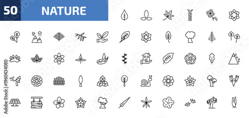nature outline icon set. 50 linear vector for ui, web and mobile. thin line nut leaf, asian, autumn leaves and more icons.