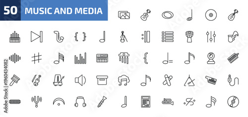 music and media outline icon set. 50 linear vector for ui, web and mobile. thin line album, ukelele, whole and more icons.