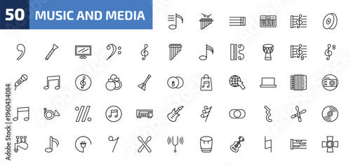music and media outline icon set. 50 linear vector for ui, web and mobile. thin line playlist, marimba, bold double bar line and more icons.