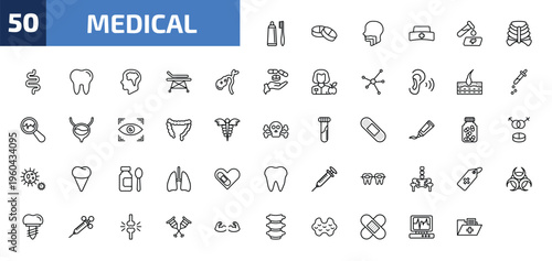 medical outline icon set. 50 linear vector for ui, web and mobile. thin line brush with tooth paste, tablets, pharynx and more icons.