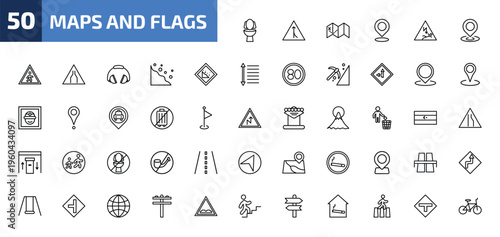maps and flags outline icon set. 50 linear vector for ui, web and mobile. thin line toilets, road joining, treasure map with x and more icons.
