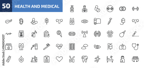 health and medical outline icon set. 50 linear vector for ui, web and mobile. thin line desinfectant, x ray, pills and more icons.