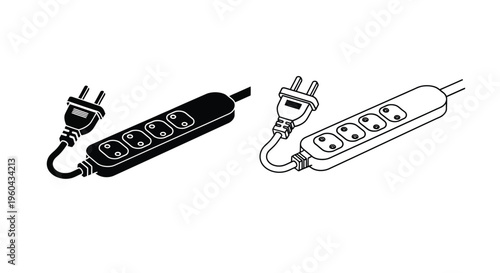 Black and white illustration of a power strip with multiple outlets