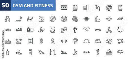 gym and fitness outline icon set. 50 linear vector for ui, web and mobile. thin line locker, to do list, tightening bar and more icons.