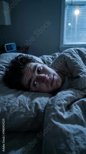 Restless Young Man Suffering from Insomnia and Anxiety in Bed at Night
