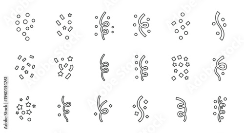 Collection of simple line art confetti and streamer icons arranged in a grid
