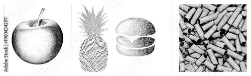 Vector halftone render of food items,, burger, cigarillos. dot, isolated foreground, no background. Food graphic, stylized, dot art.
