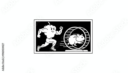 Muscular Fruit Character Running on Hamster Wheel with Determined Hamster