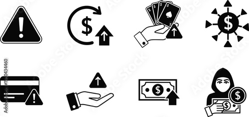 Financial risk and fraud icon set with credit card alert money laundering hacker and gambling symbols isolated on white background,