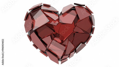 A conceptual 3d rendering of a heart shape constructed from many shattered red glass fragments
